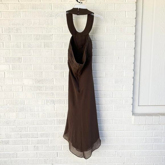 Max & Cleo Brown Silk Halter Beaded  Bib Dress - Picture 2 of 4